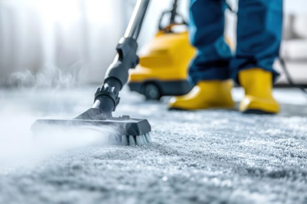 professional commercial cleaner using steam cleaner on workplace carpets