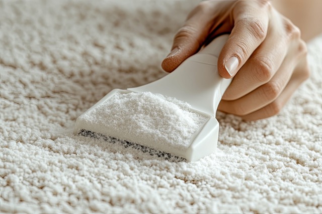 A hand holding a tool with caprt cleaning deodorizer on fluffy white carpet
