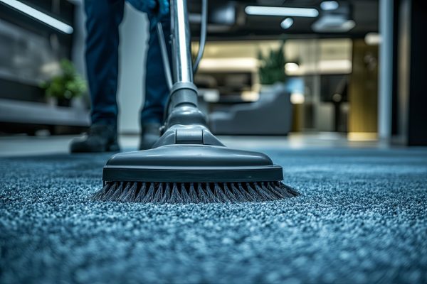 commercial cleaner using vacuum to clean modern office building