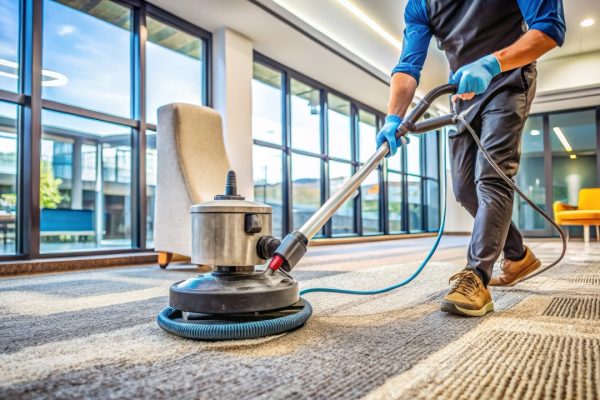 Professional-grade cleaning equipment and solutions are used to deeply sanitize and restore a dirty, high-traffic commercial carpet to its original vibrant state of cleanliness in office