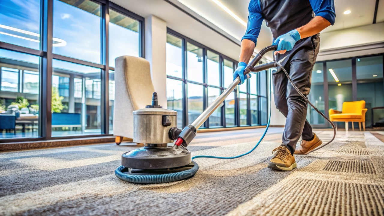 Professional-grade cleaning equipment and solutions are used to deeply sanitize and restore a dirty, high-traffic commercial carpet to its original vibrant state of cleanliness in office