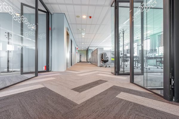clean carpet inside a business office hallway with glass window room dividers