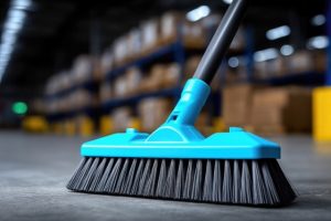 Close up of blue floor cleaning brush in warehouse