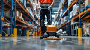 a professional cleaner in a high-visibility vest operates a floor cleaning machine in a large warehouse aisle ensuring cleanliness and safety