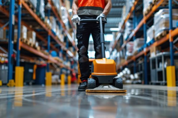 a professional cleaner in a high-visibility vest operates a floor cleaning machine in a large warehouse aisle ensuring cleanliness and safety