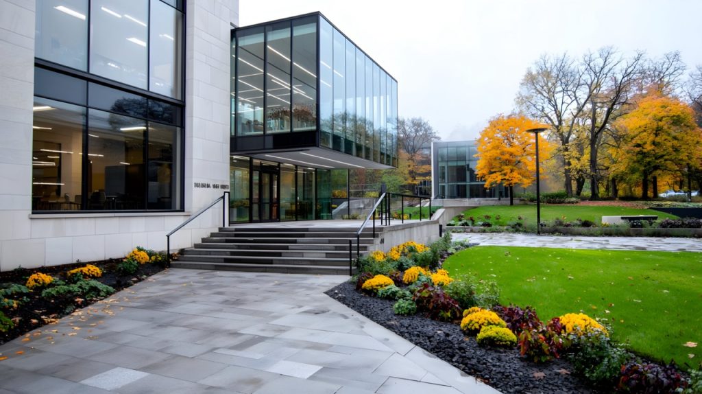 Modern business building entrance with autumn landscaping and park background