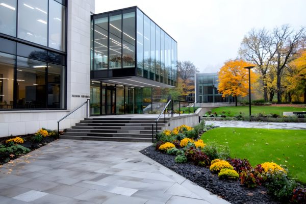 Modern business building entrance with autumn landscaping and park background