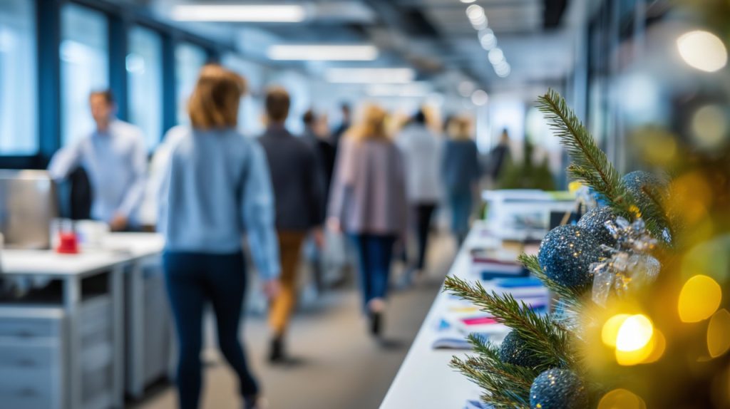 busy workplace with employees walking around in the background with holiday winter decorations in the foreground