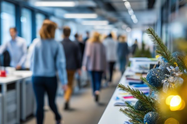 busy workplace with employees walking around in the background with holiday winter decorations in the foreground