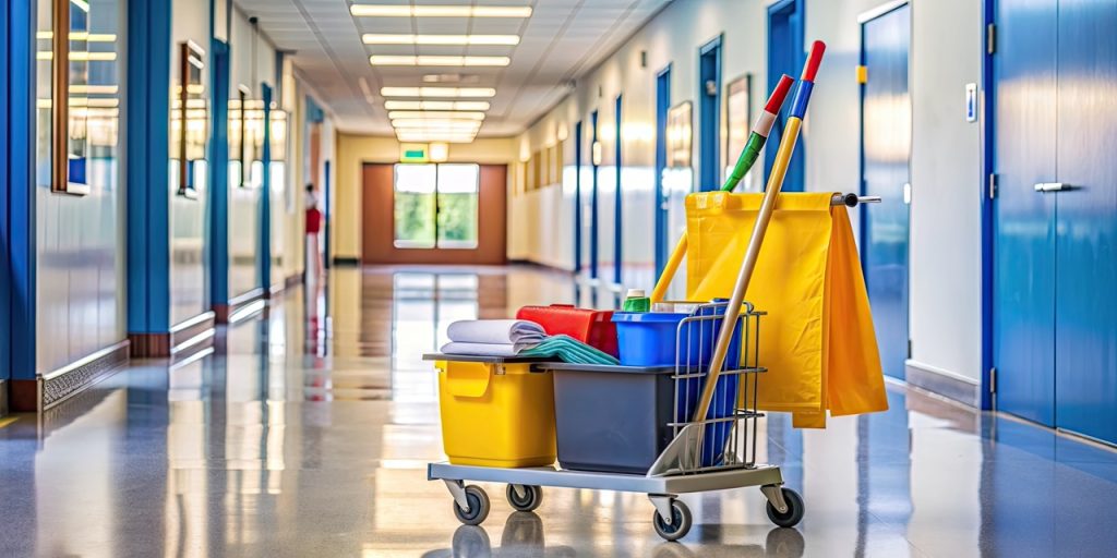 janitorial cart filled with cleaning supplies in a school hallway