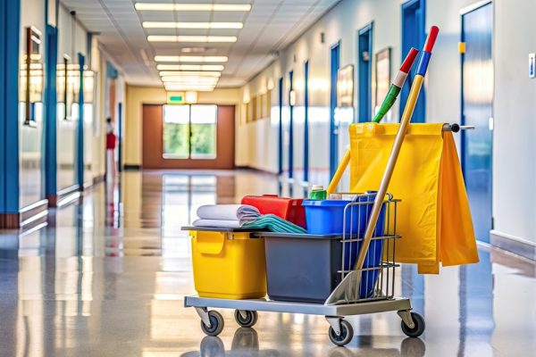 janitorial cart filled with cleaning supplies in a school hallway