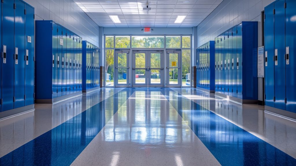 A bright and shiny empty school hallway with blue lockers lining the walls and sunlight streaming through windows at the far end, giving it a clean and organized look.