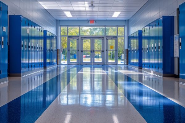 A bright and shiny empty school hallway with blue lockers lining the walls and sunlight streaming through windows at the far end, giving it a clean and organized look.